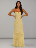 Kyra Spaghetti Straps Floral Ribbon Tiered Long Prom Dresses