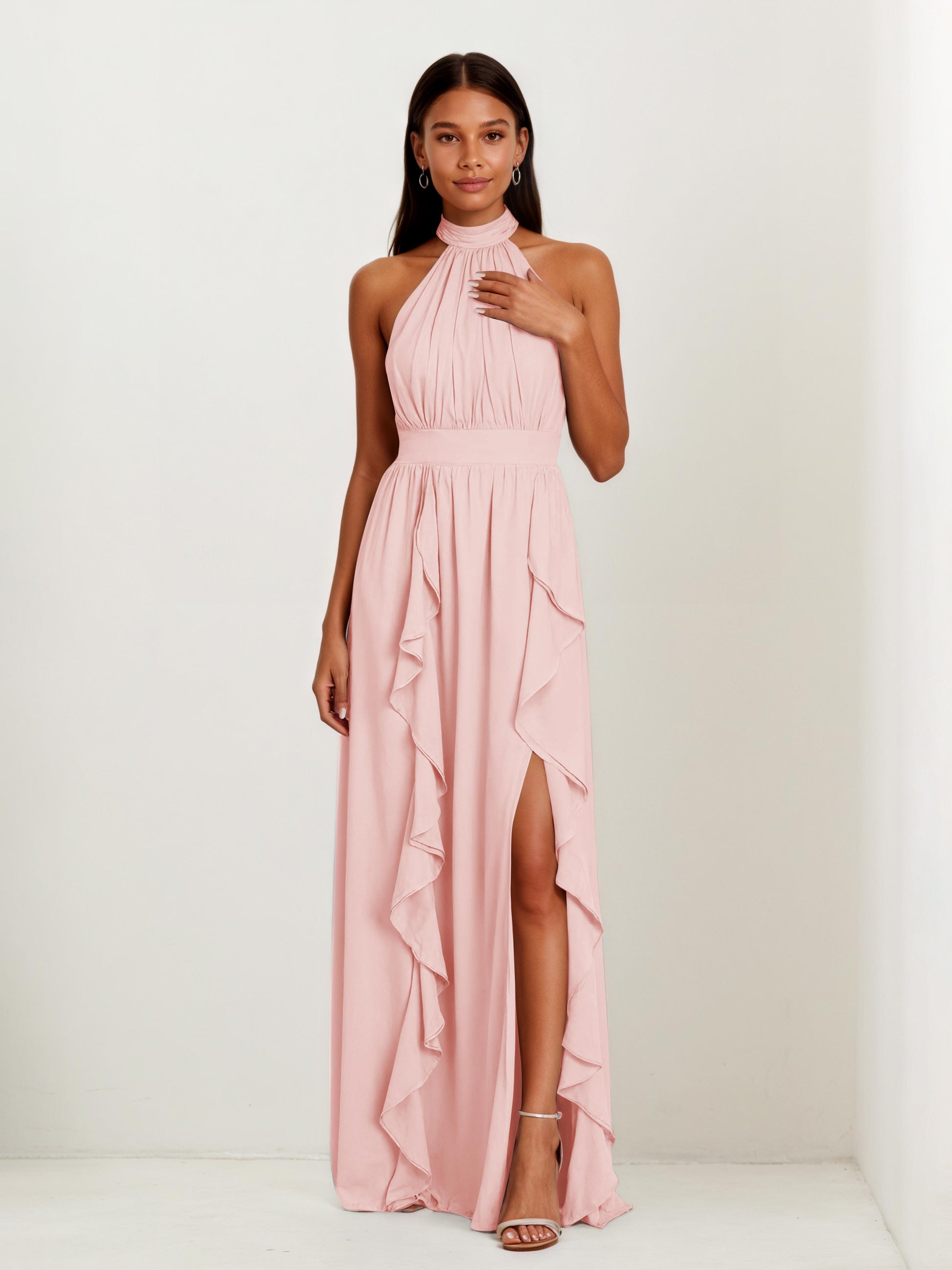 Laurel Unique Halter Ruffles Floor Length Chiffon Bridesmaid Dresses, Vintage Mauve Laurel Unique Halter Ruffles Floor Length Chiffon Bridesmaid Dresses, Vintage Mauve