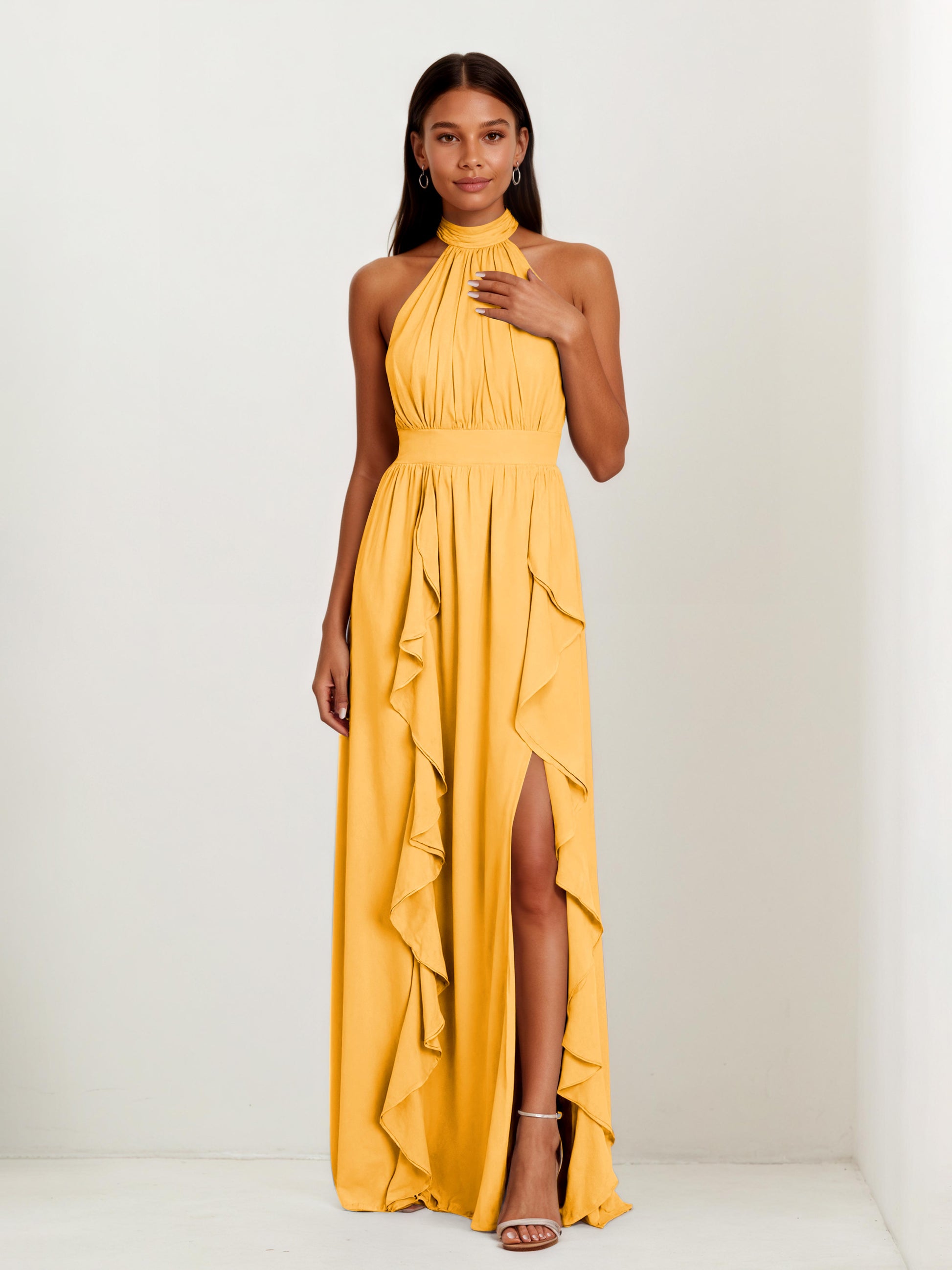 Laurel Unique Halter Ruffles Floor Length Chiffon Bridesmaid Dresses, Mustard Laurel Unique Halter Ruffles Floor Length Chiffon Bridesmaid Dresses, Mustard