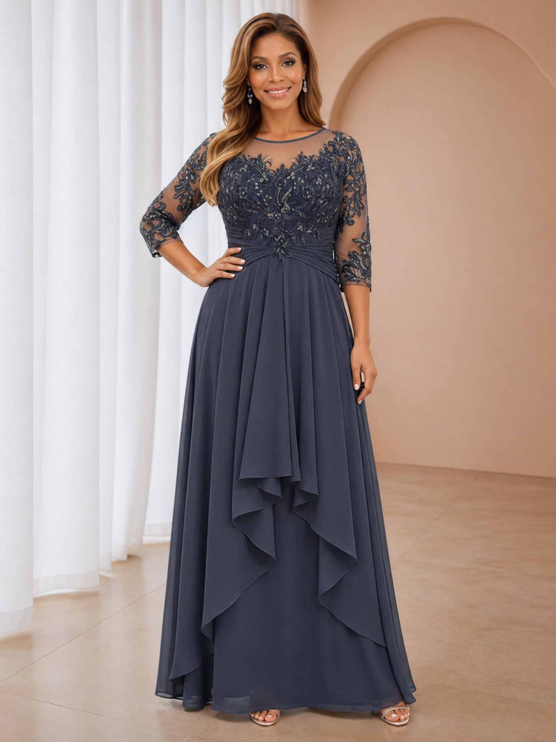 Lavina Charming Illusion Appliques Ruched Long Chiffon Mother of the Bride Dresses