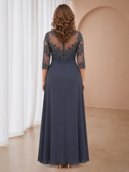 Lavina Charming Illusion Appliques Ruched Long Chiffon Mother of the Bride Dresses