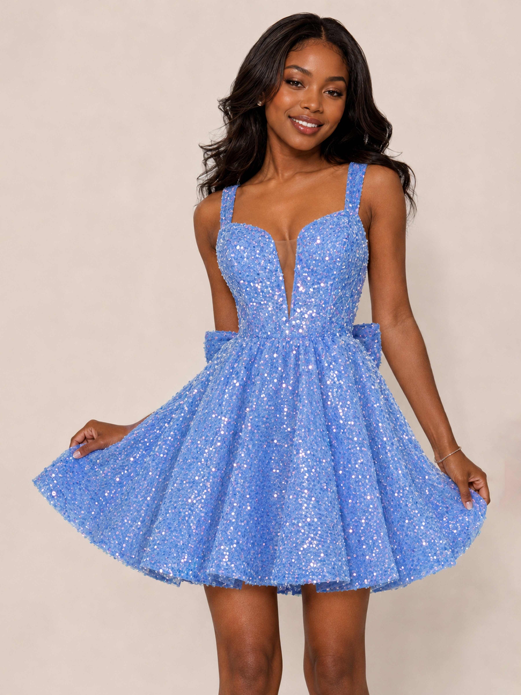 Layla Sequin Short Homecoming Dresses with Bow Knot