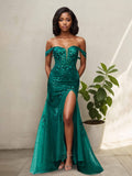 Leora Stylish Off the Shoulder Mermaid Prom Dresses with Split Front
