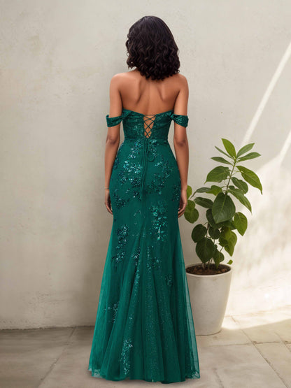 Leora Stylish Off the Shoulder Mermaid Prom Dresses with Split Front