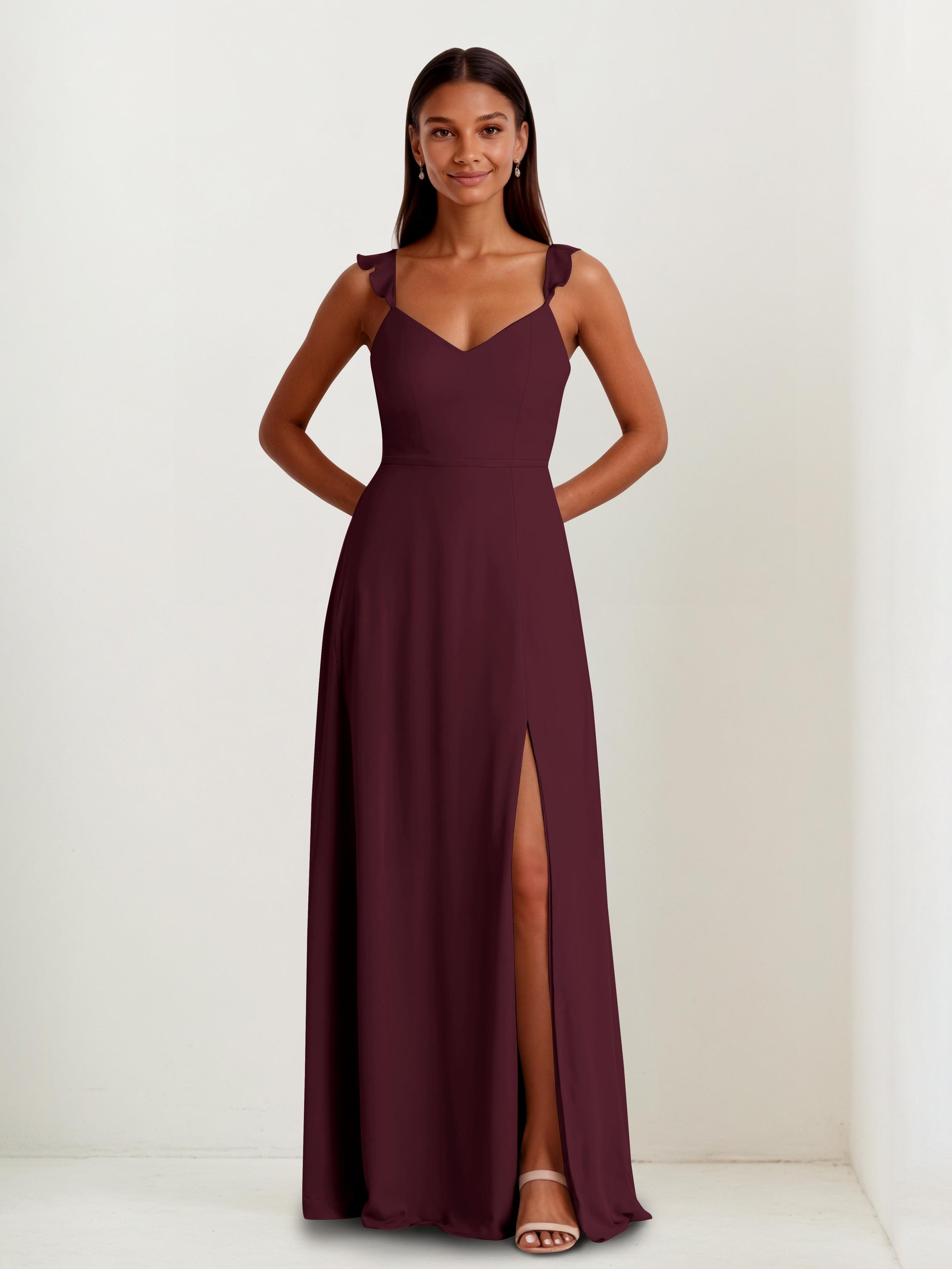 Leren Simple V-neck Spaghetti Straps Bridesmaid Dresses with Bow Back - Cabernet Leren Simple V-neck Spaghetti Straps Bridesmaid Dresses with Bow Back - Cabernet