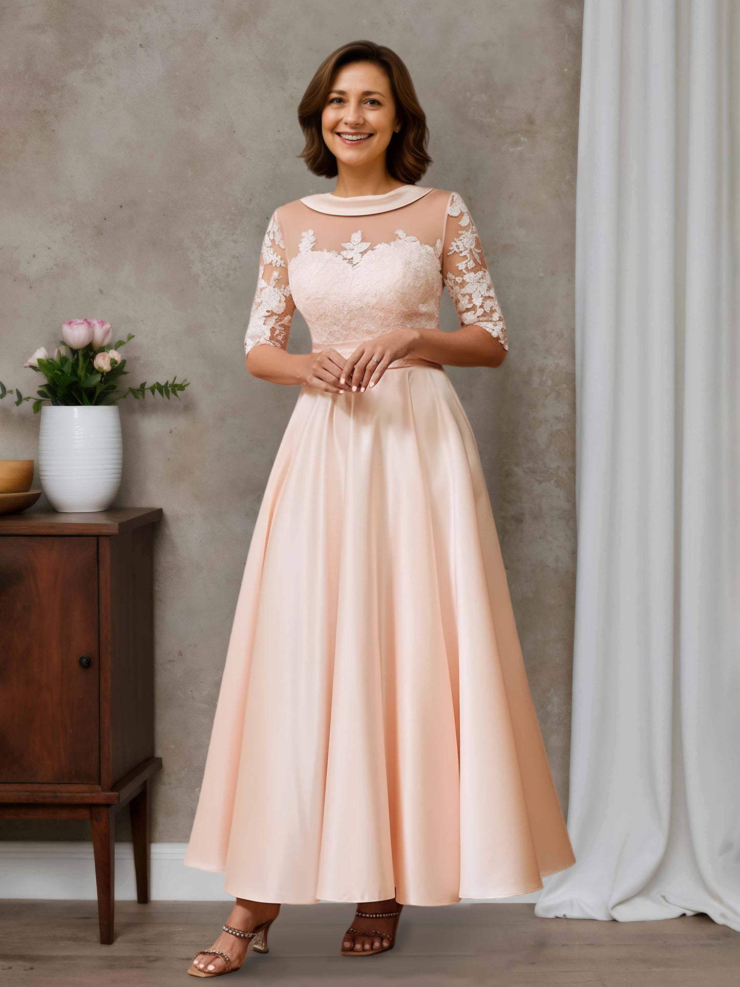 Lirona A-line Scoop Lace Appliques Ankle-Length Satin Mother of the Bride Dresses