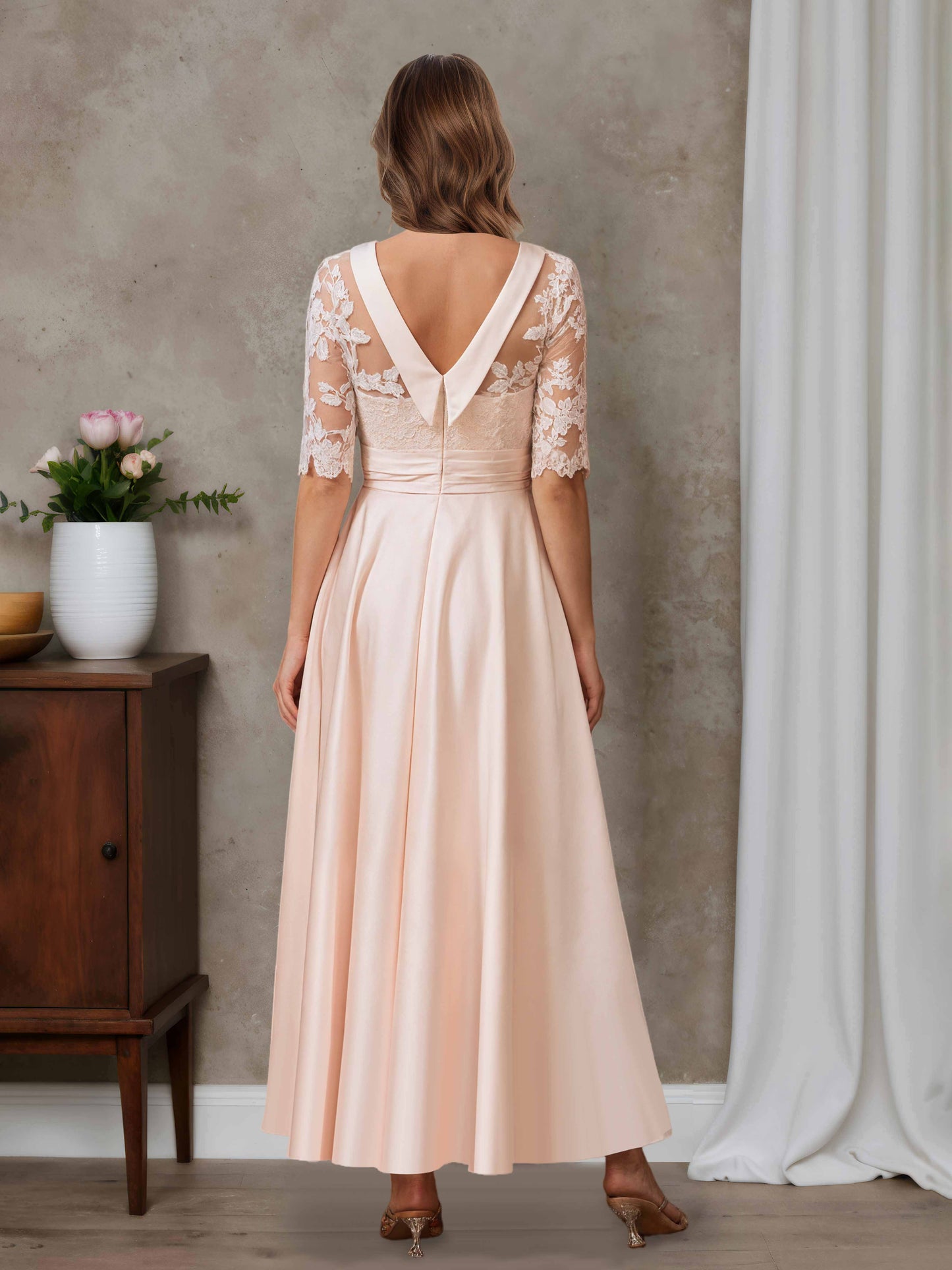 Lirona A-line Scoop Lace Appliques Ankle-Length Satin Mother of the Bride Dresses