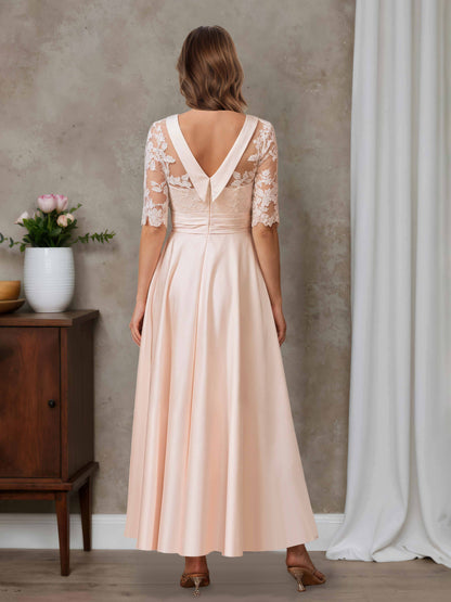 Lirona A-line Scoop Lace Appliques Ankle-Length Satin Mother of the Bride Dresses