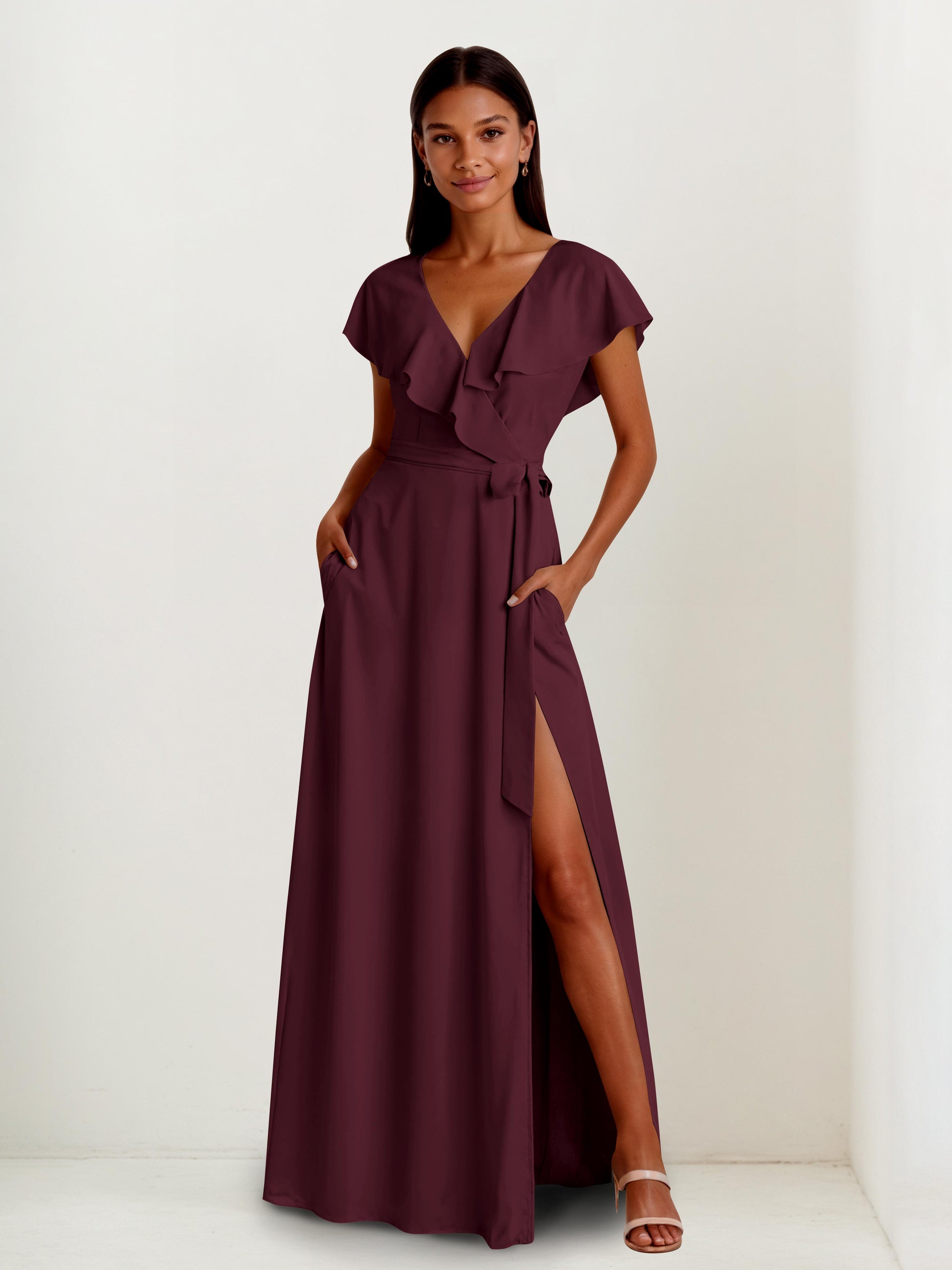 Lorna Chic V-neck Cape Sleeves Maxi Bridesmaid Dresses with Pocket – Cathnina