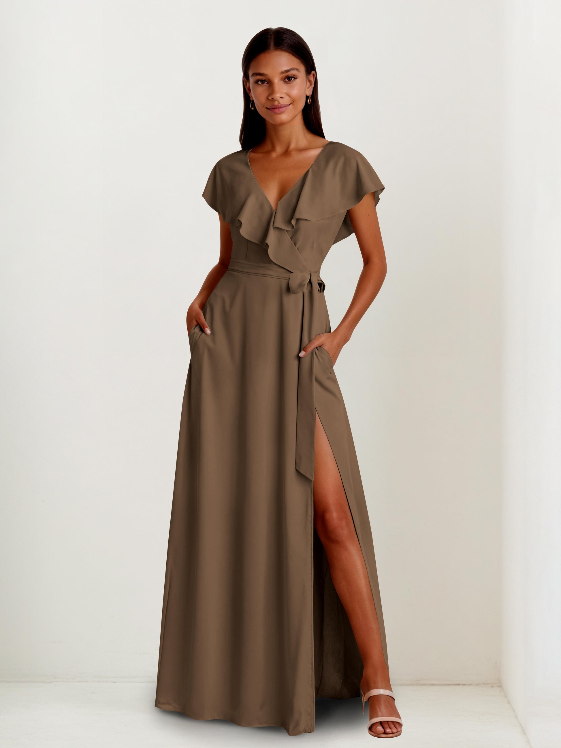 Lorna Chic V-neck Cape Sleeves Maxi Bridesmaid Dresses with Pocket – Cathnina