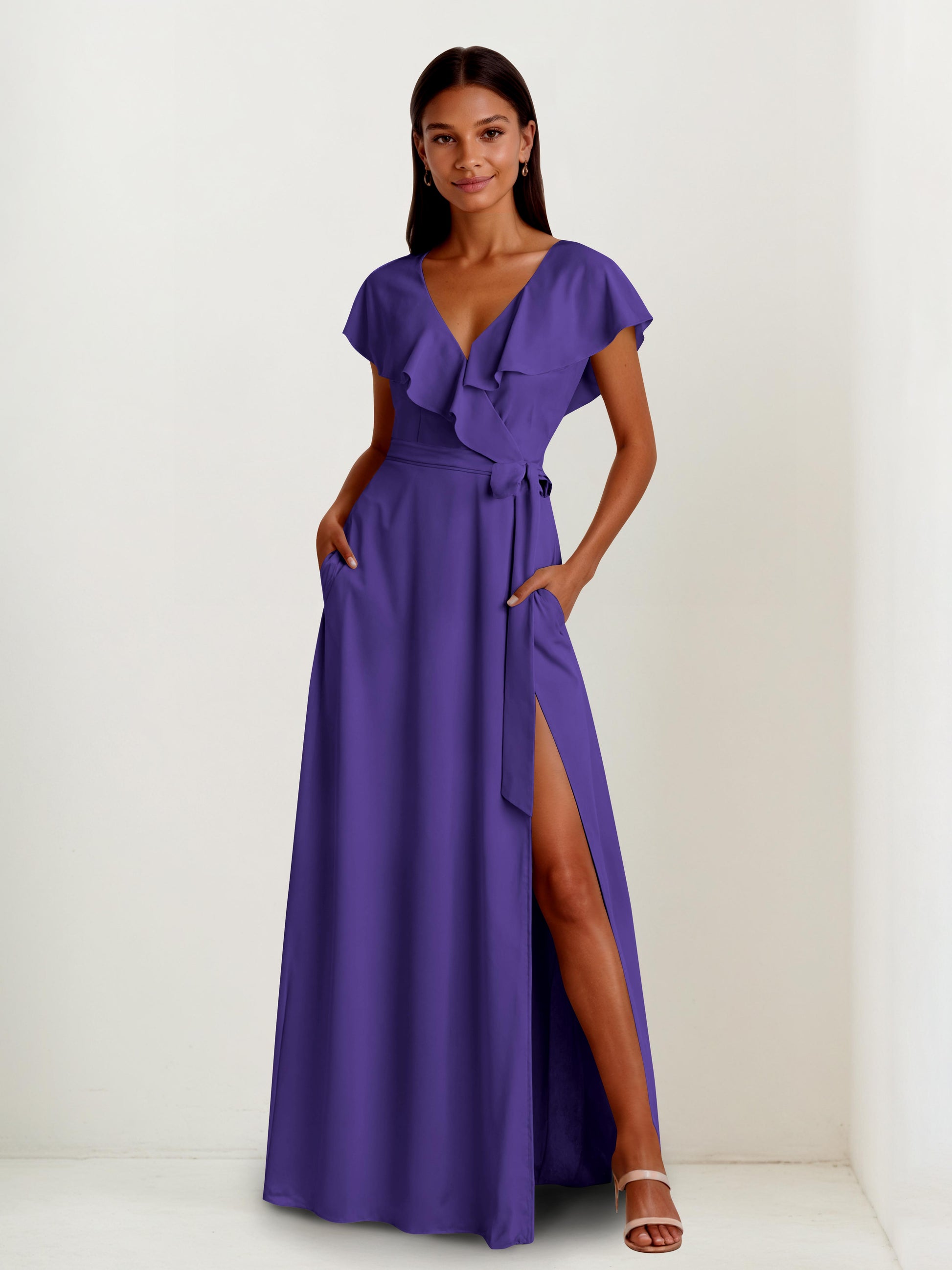 Lorna Chic V-neck Cape Sleeves Maxi Bridesmaid Dresses with Pocket Cathnina Lorna Chic V-neck Cape Sleeves Maxi Bridesmaid Dresses with Pocket Cathnina
