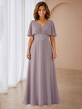 Luciana Modest A-Line Short Sleeves Appliques Long Chiffon Mother of the Bride & Groom Dresses