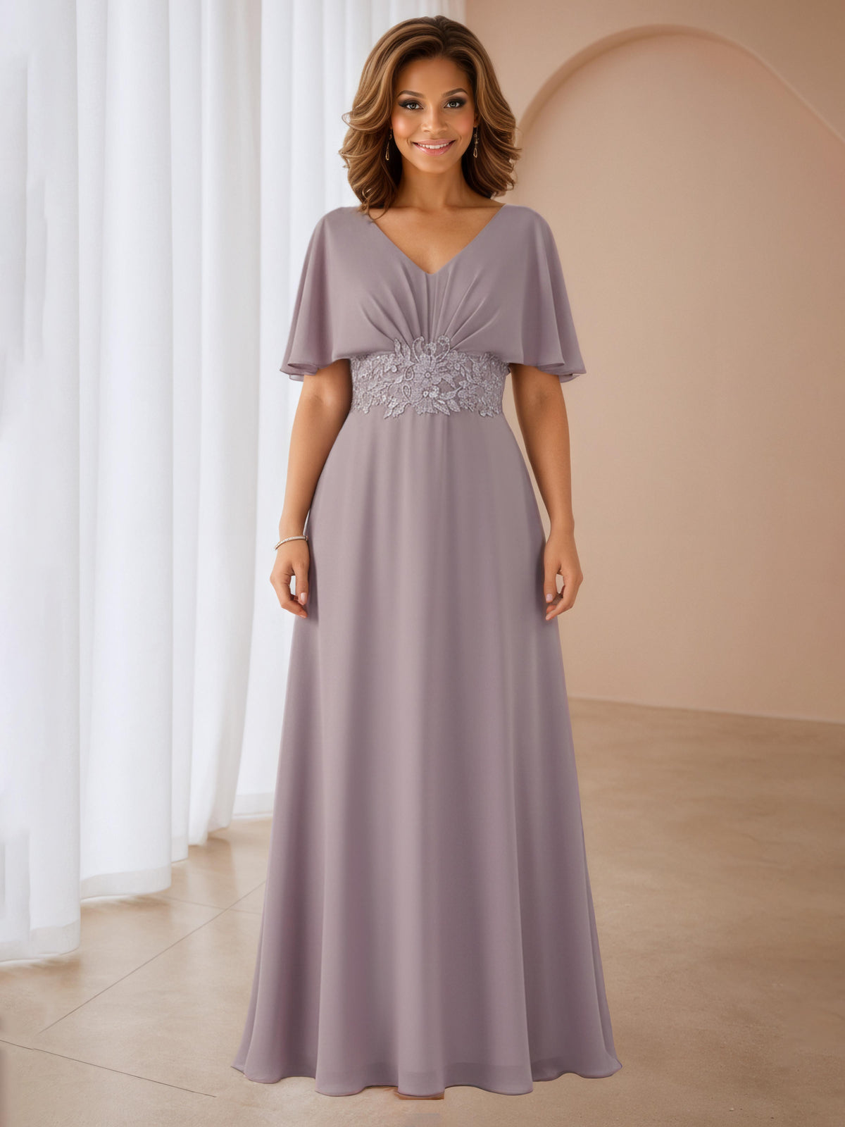 Luciana Modest A-Line Short Sleeves Appliques Long Chiffon Mother of the Bride & Groom Dresses