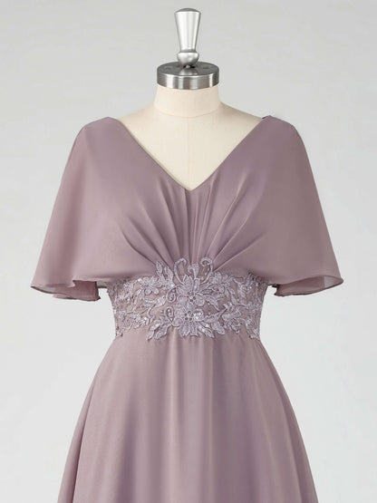 Luciana Modest A-Line Short Sleeves Appliques Long Chiffon Mother of the Bride & Groom Dresses