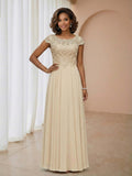 Luxevia Appliqued A-Line Chiffon Dress with Scoop Neck Lace Appliques and Cap Sleeves Mother of the Bride Dresses