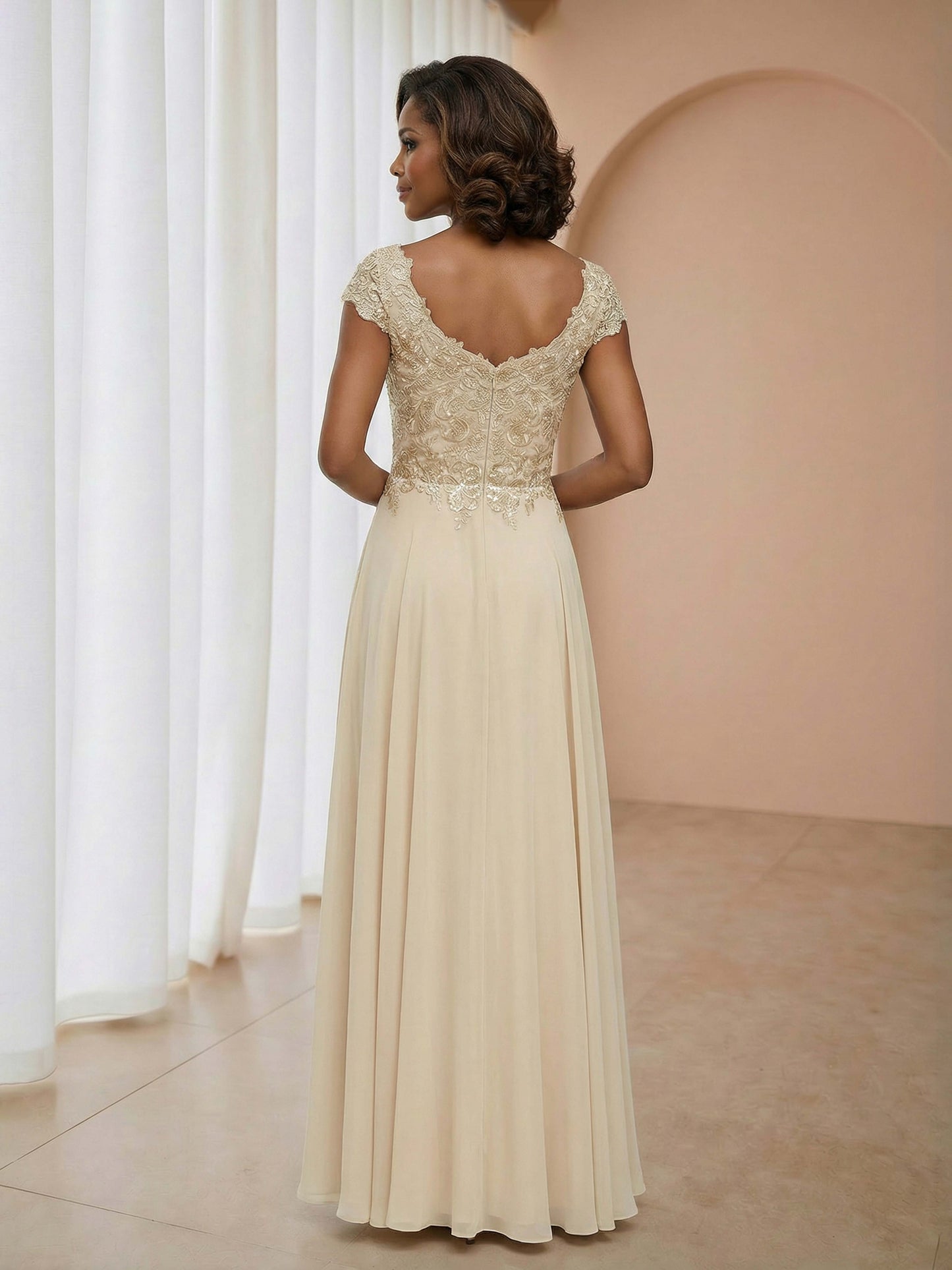 Luxevia Appliqued A-Line Chiffon Dress with Scoop Neck Lace Appliques and Cap Sleeves Mother of the Bride Dresses
