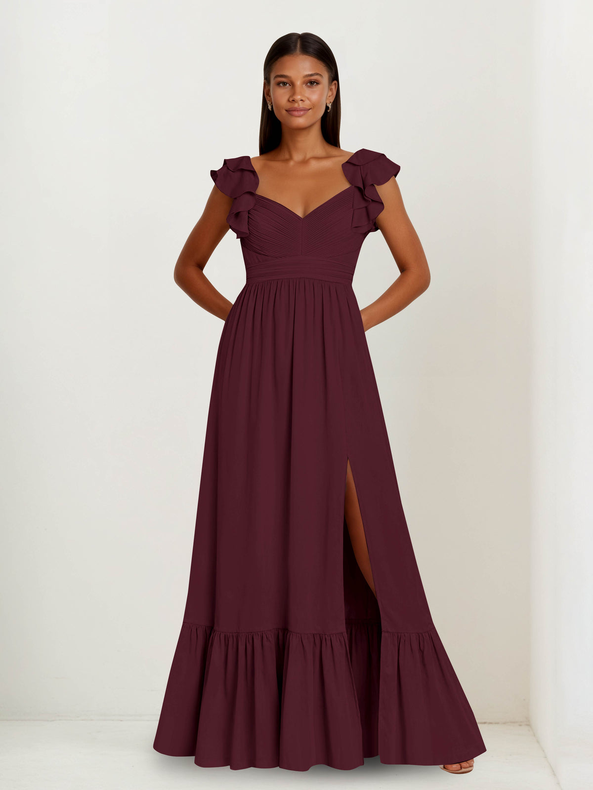 bridesmaid dress with cape Lyrel Modest V-neck Sleeves A-line Tiered Dresses – Cathnina Size:4 size Maxi lenght Burgundy Details Fabric Linen Slim Fit Total Stretch