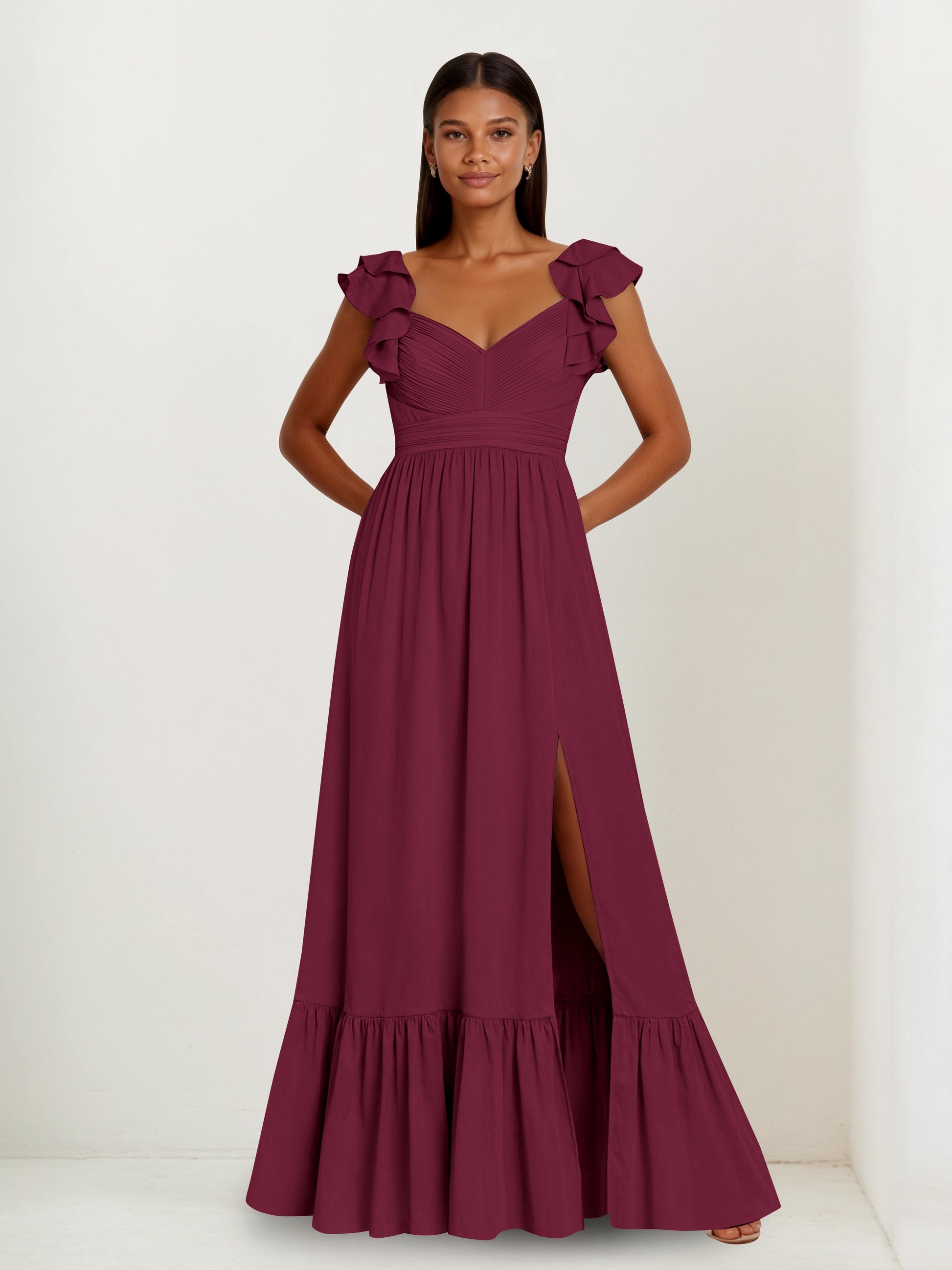 Lyrel Modest V-neck Cape Sleeves A-line Tiered Bridesmaid Dresses Cathnina Lyrel Modest V-neck Cape Sleeves A-line Tiered Bridesmaid Dresses Cathnina