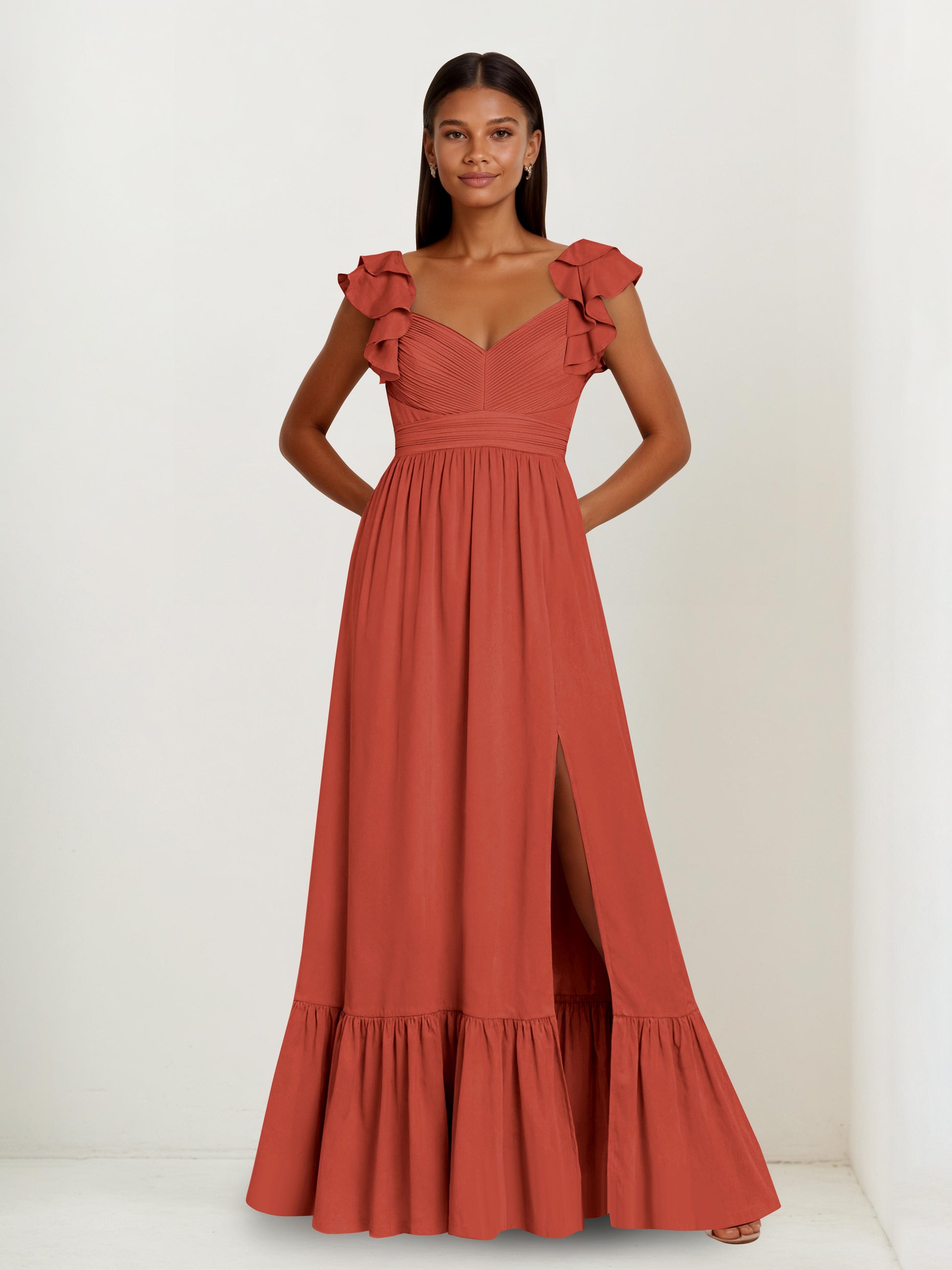 Lyrel Modest V-neck Cape Sleeves A-line Tiered Bridesmaid Dresses Cathnina Lyrel Modest V-neck Cape Sleeves A-line Tiered Bridesmaid Dresses Cathnina