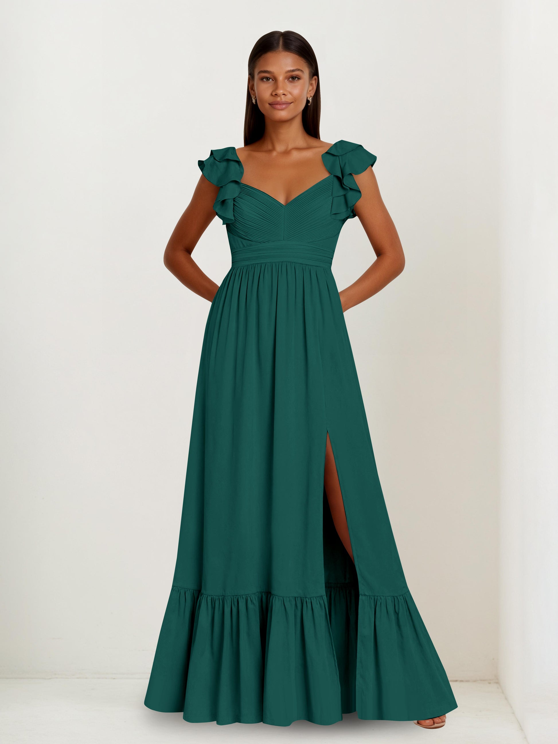 Lyrel Modest V-neck Cape Sleeves A-line Tiered Bridesmaid Dresses Cathnina Lyrel Modest V-neck Cape Sleeves A-line Tiered Bridesmaid Dresses Cathnina
