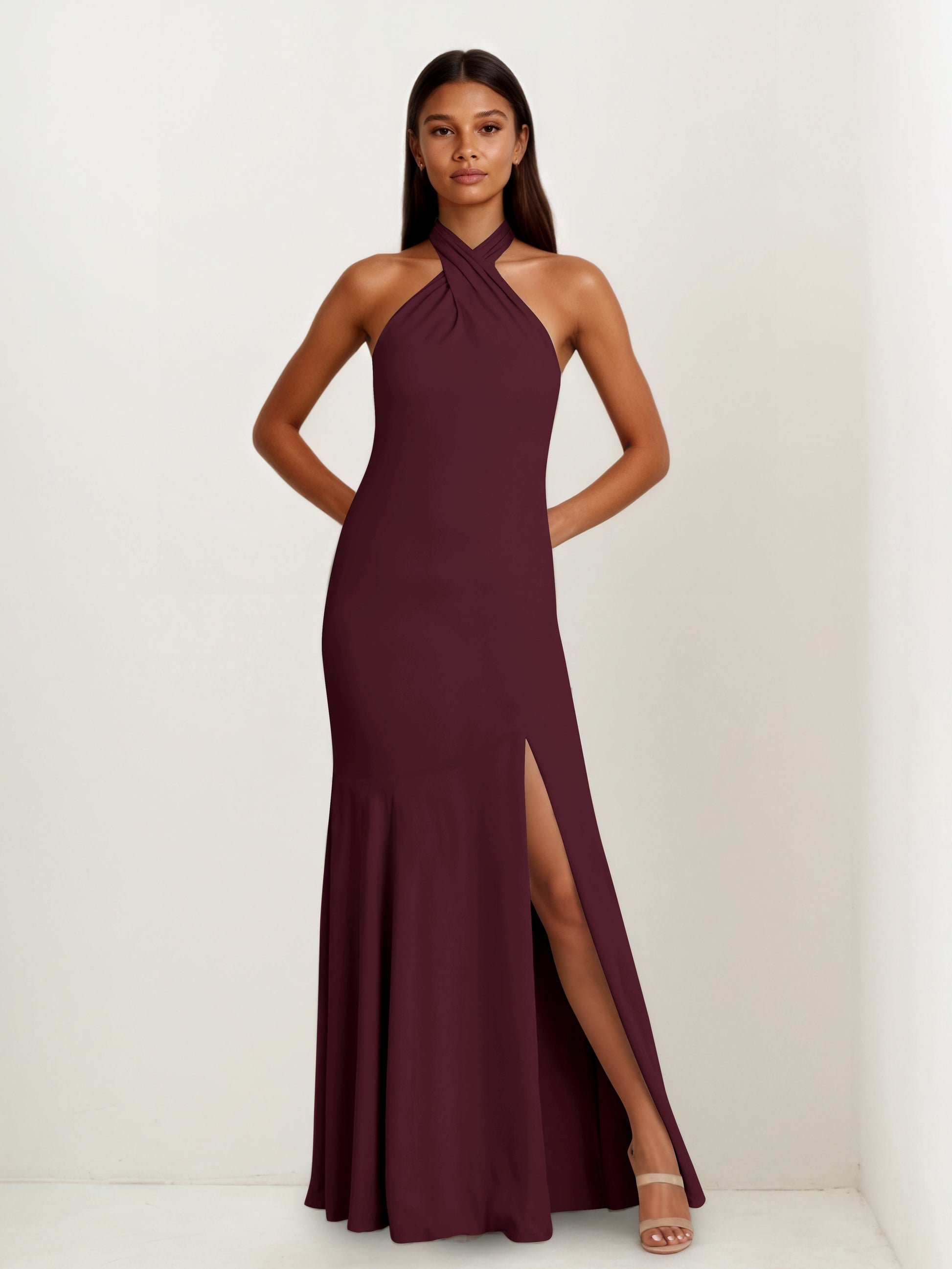 Lysha Trendy Halter Neckline Sheath Chiffon Bridesmaid Dresses with Sl – Cathnina
