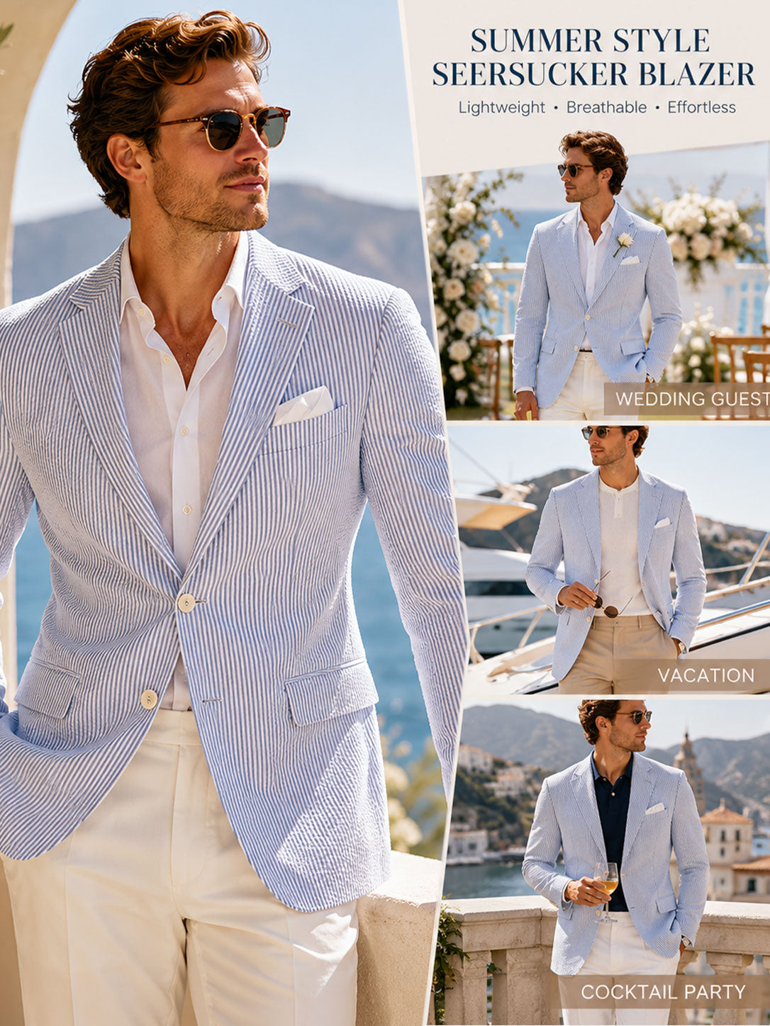 Chic Men's Regular Fit Striped Seersucker Blazer for Summer Wedding & Vacation