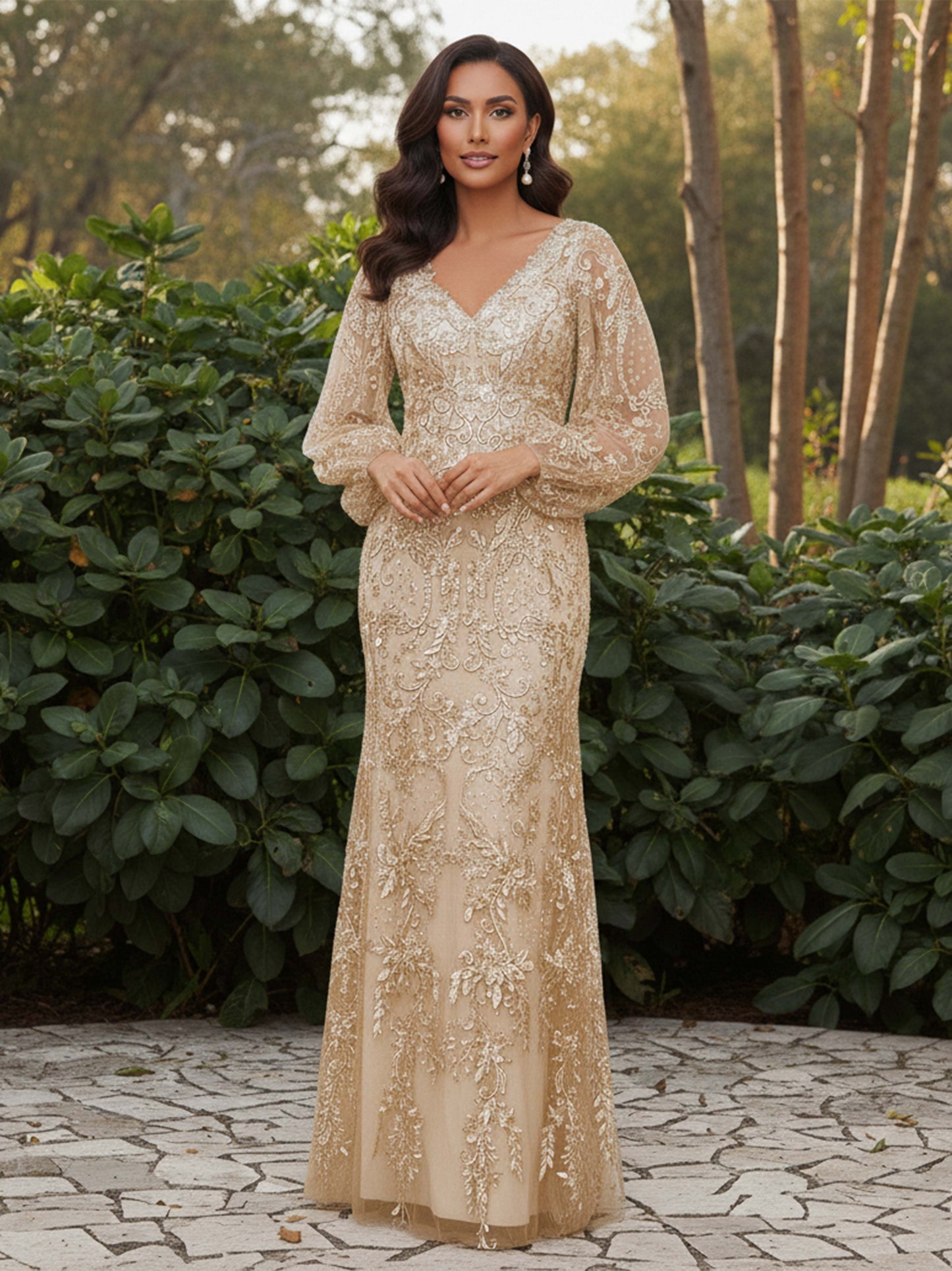 Madilyn Chic Sheath/Column V-neck Lace Floor-Length Pleated Mother of the Bride Dresses