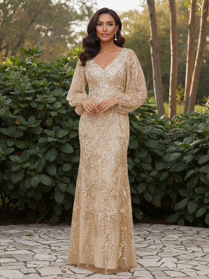 Madilyn Chic Sheath/Column V-neck Lace Floor-Length Pleated Mother of the Bride Dresses