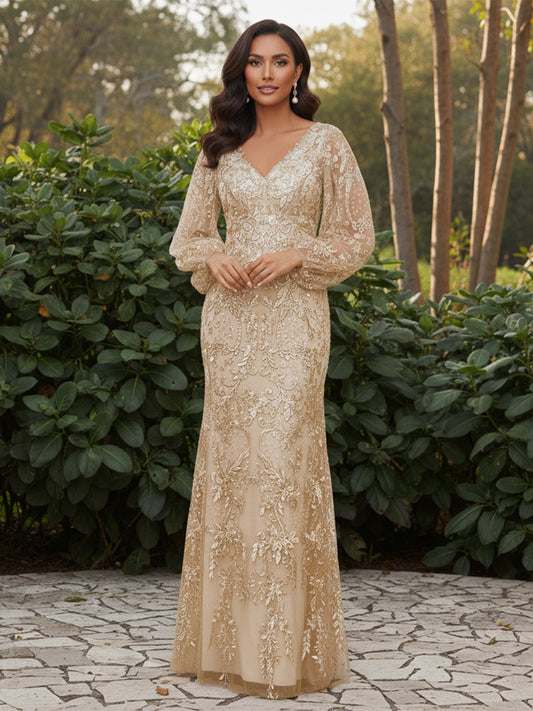 Madilyn Chic Sheath/Column V-neck Lace Floor-Length Pleated Mother of the Bride Dresses