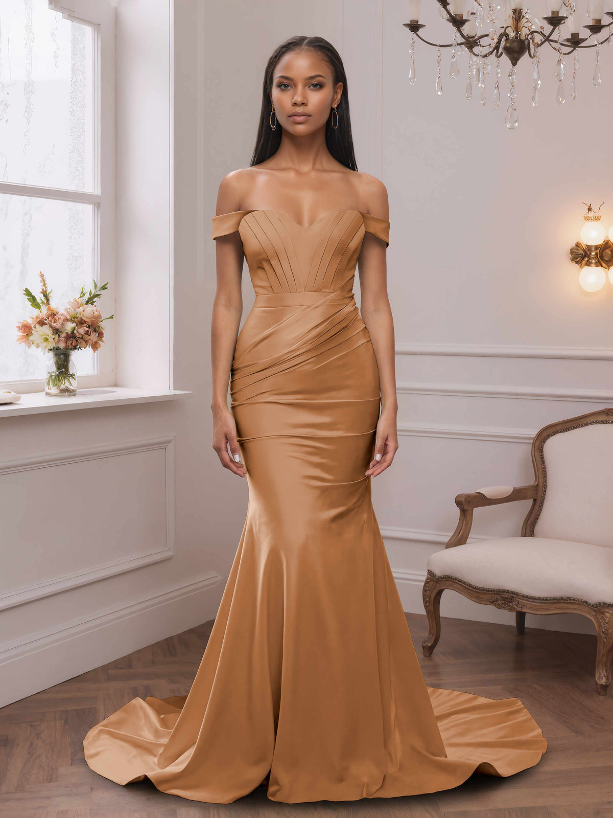 Marilyn Off The Shoulder Bridesmaid Dresses with Sweep Train – Cathnina