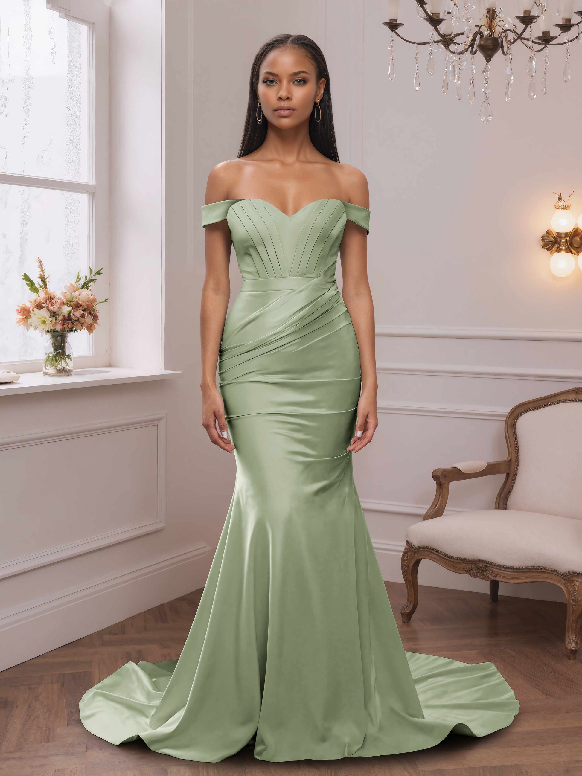 sage off the shoulder bridesmaid dress A-line Satin Maxi Bridesmaid Dress With Convertible Off-the-shoulder Or Strapless Looks In Sage