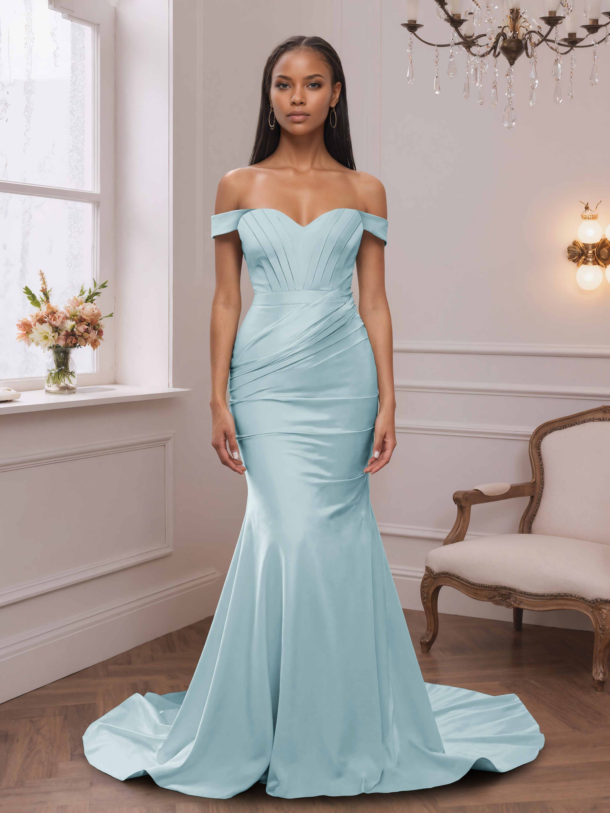 Marilyn Off The Shoulder Bridesmaid Dresses with Sweep Train – Cathnina