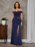 Maya Timeless Sheath Off-the-Shoulder Floor Length Stretch Crepe Mother of the Bride Dresses with Appliques Lace
