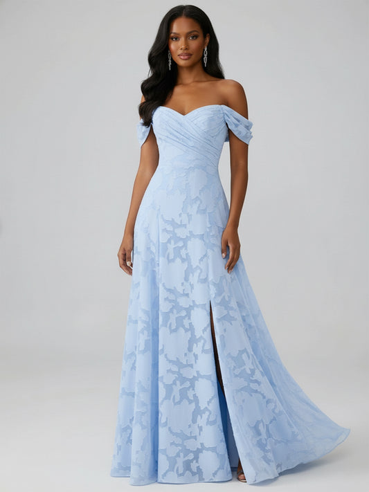 Mella A-Line Off the Shoulder Sleeveless Floor-Length Floral Lace Long Bridesmaid Dresses With Slit