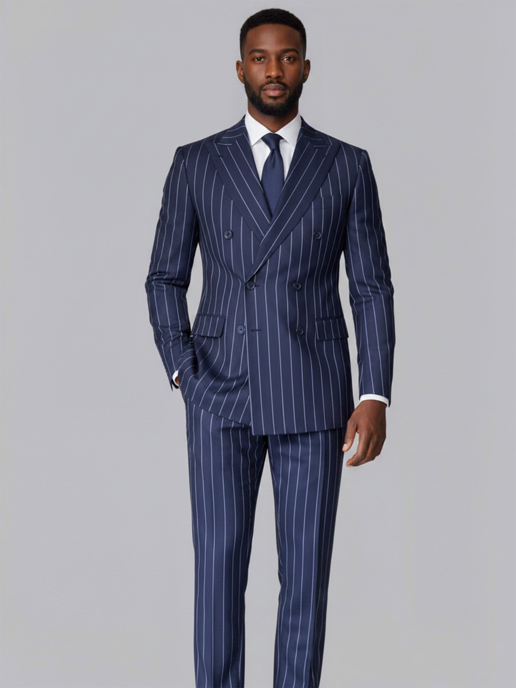 Modern 2 Pieces Men's Double Breasted Peak Lapel Vertical Stripe Suit