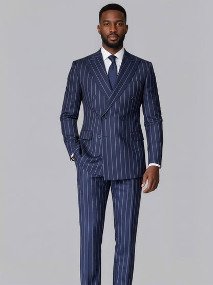 Modern 2 Pieces Men's Double Breasted Peak Lapel Vertical Stripe Suit