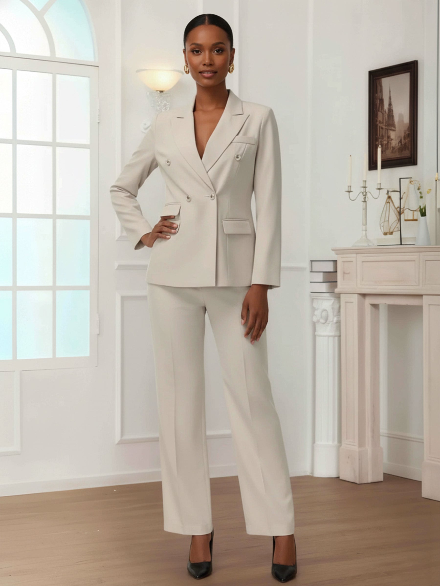 Modern Double Breasted Women's Notch Lapel Blazer and Pants Suit Set