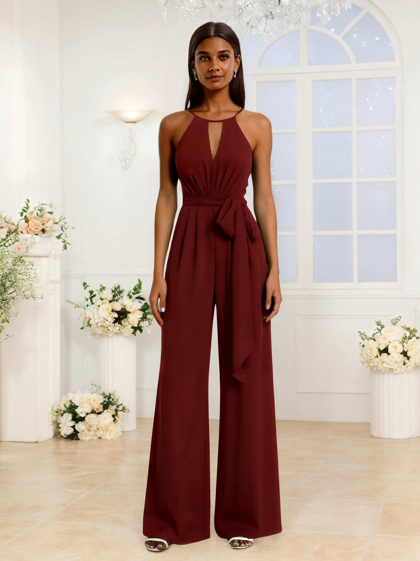 Modern Halter Ruched Long Chiffon Jumpsuits For Bridesmaids