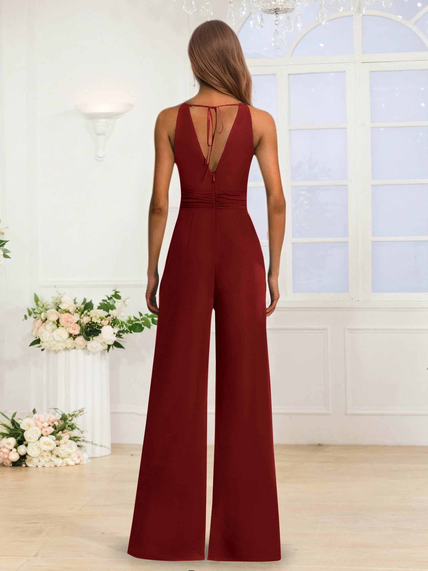 Modern Halter Ruched Long Chiffon Jumpsuits For Bridesmaids