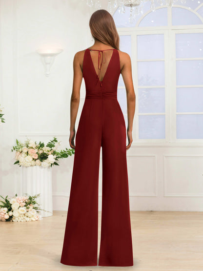 Modern Halter Ruched Long Chiffon Jumpsuits For Bridesmaids