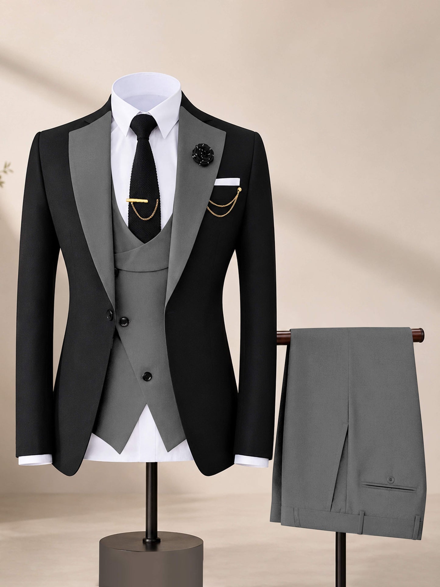 Men's Contrast Trim 3-Piece Suit for Wedding & Formal Events