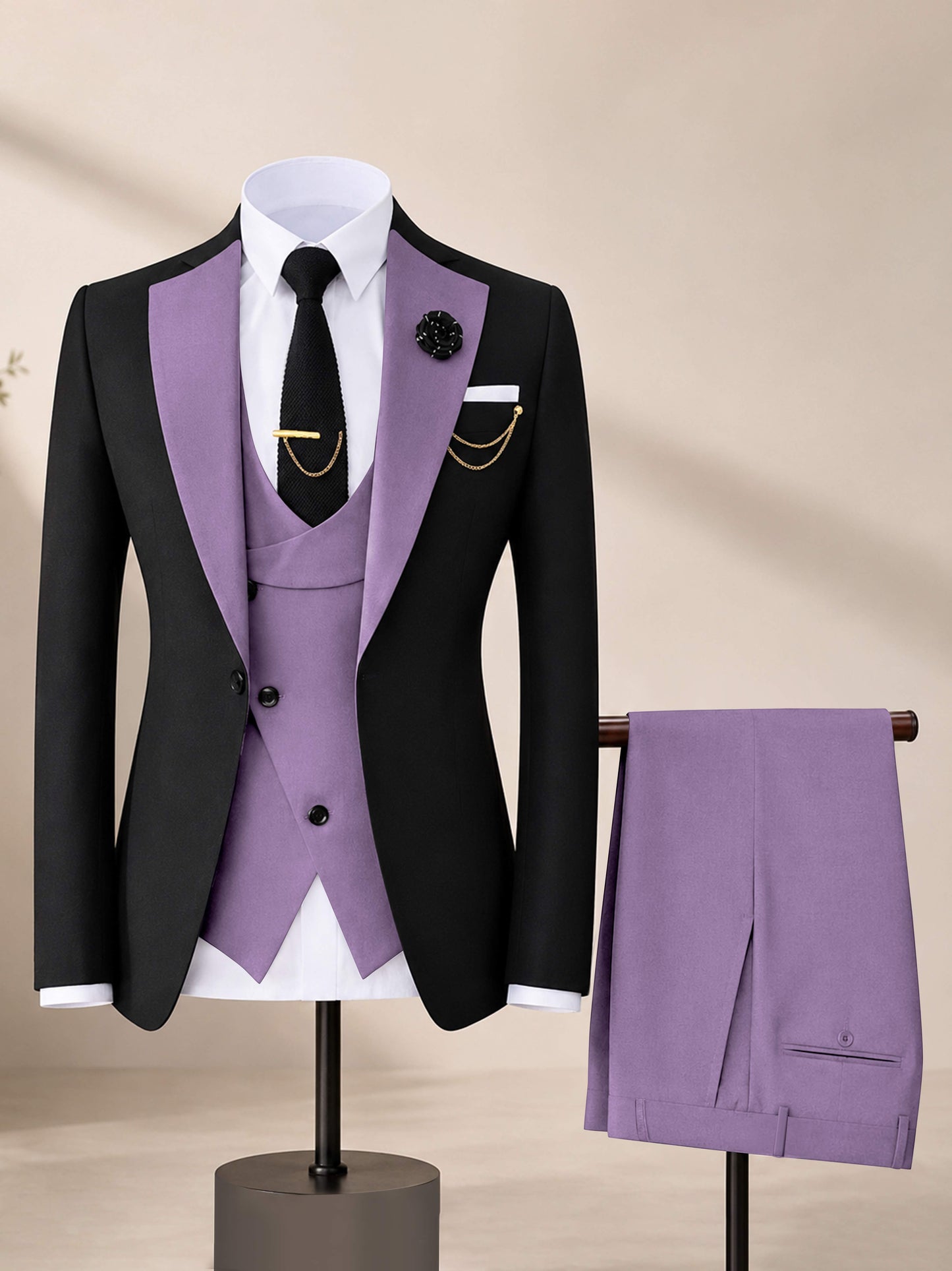 Men's Contrast Trim 3-Piece Suit for Wedding & Formal Events