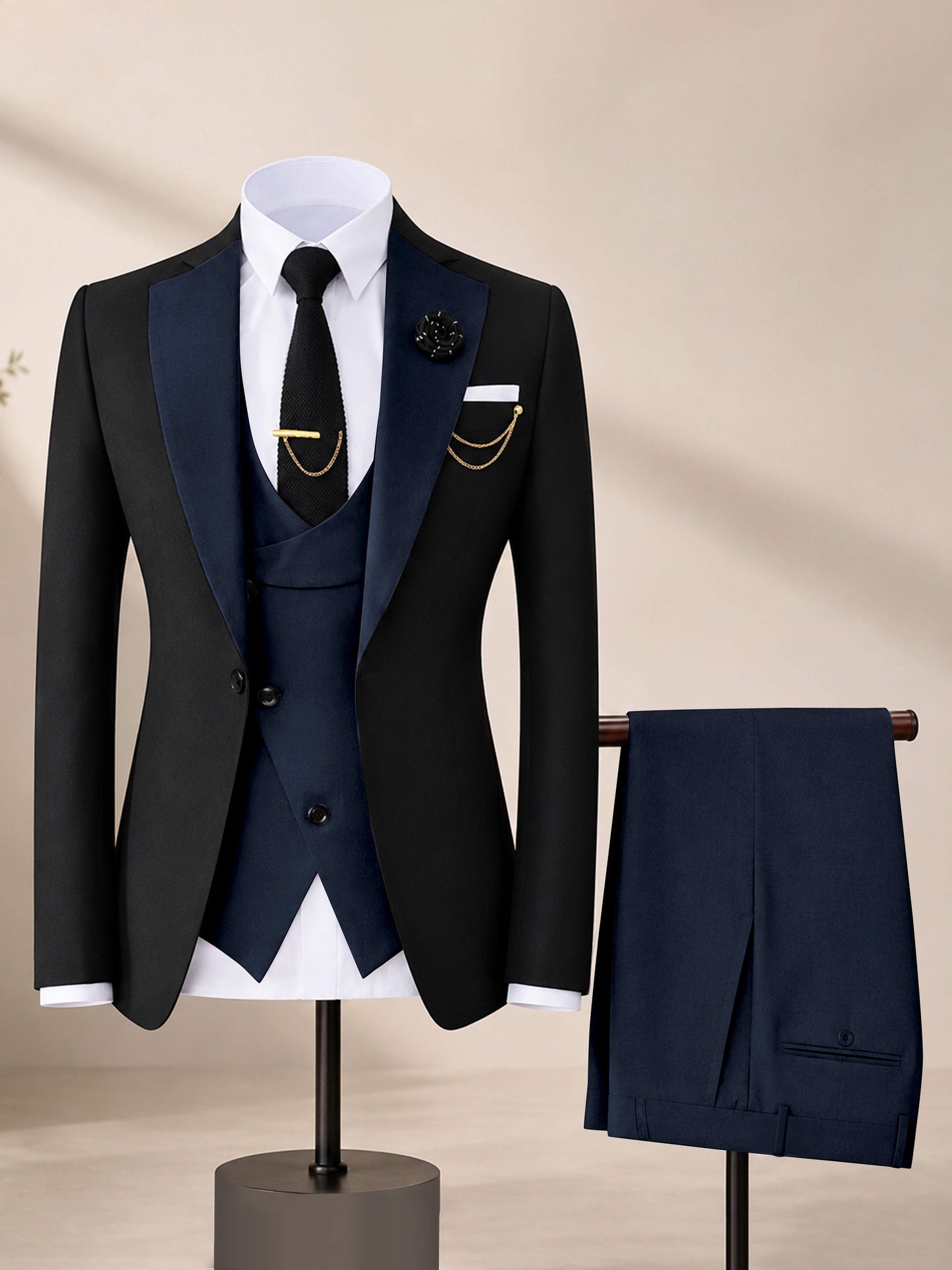 Men's Contrast Trim 3-Piece Suit for Wedding & Formal Events