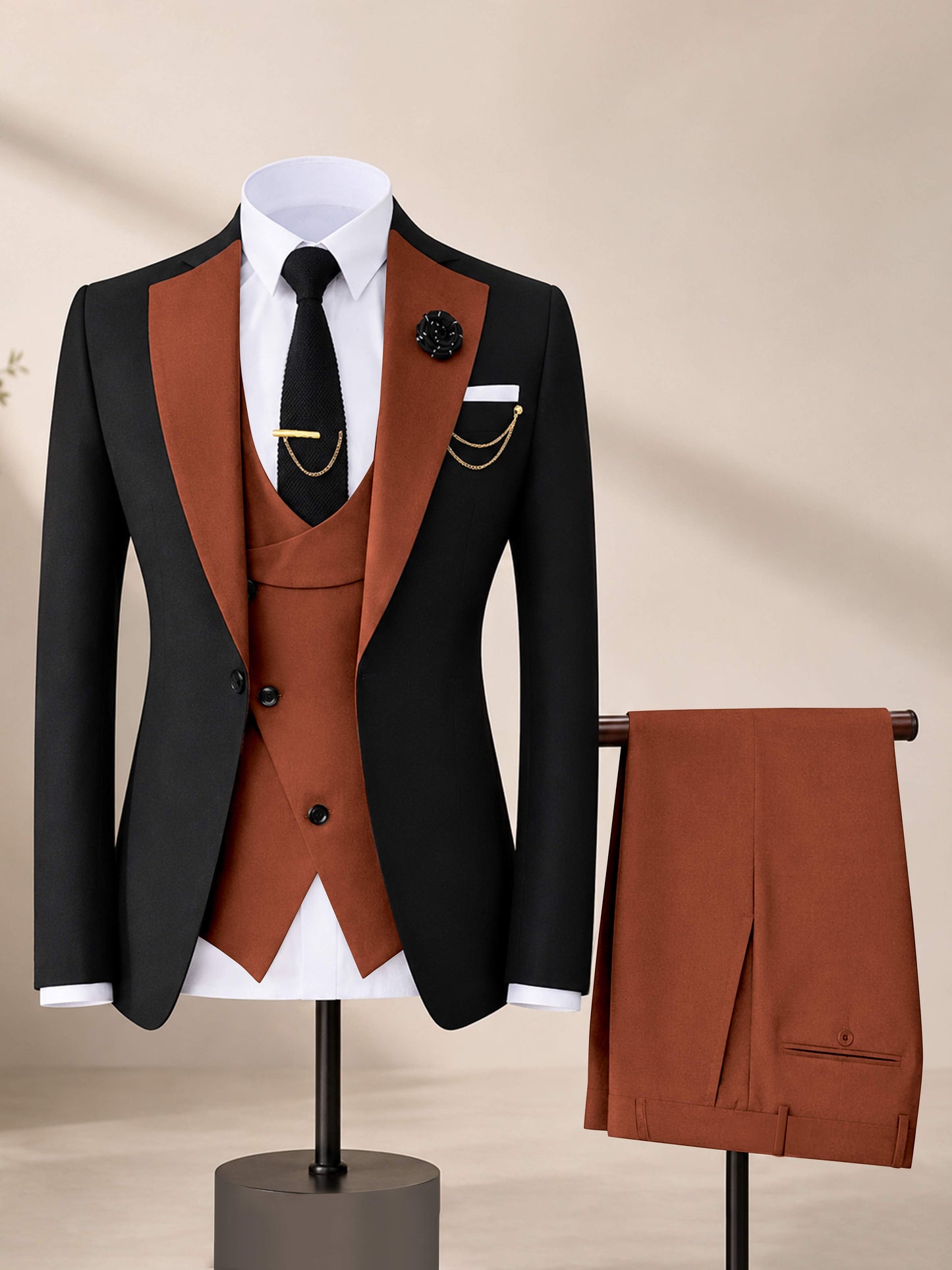 Men's Contrast Trim 3-Piece Suit for Wedding & Formal Events