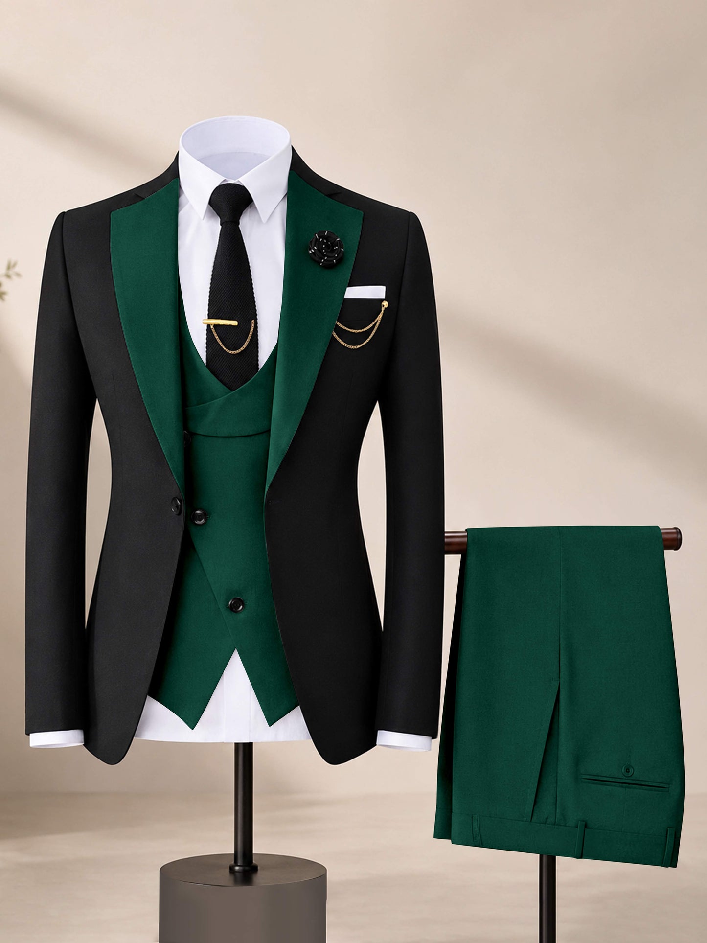Men's Contrast Trim 3-Piece Suit for Wedding & Formal Events