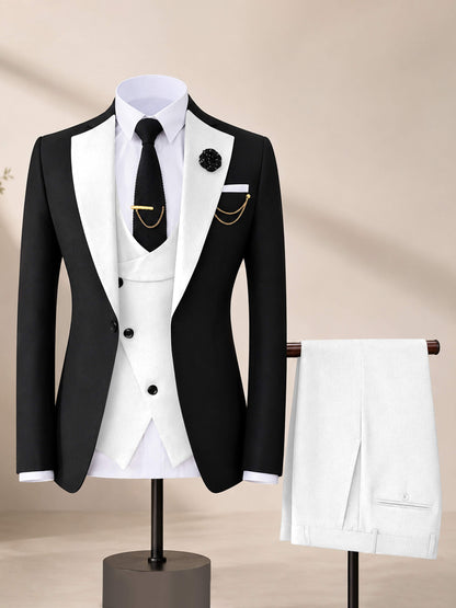 Men's Contrast Trim 3-Piece Suit for Wedding & Formal Events