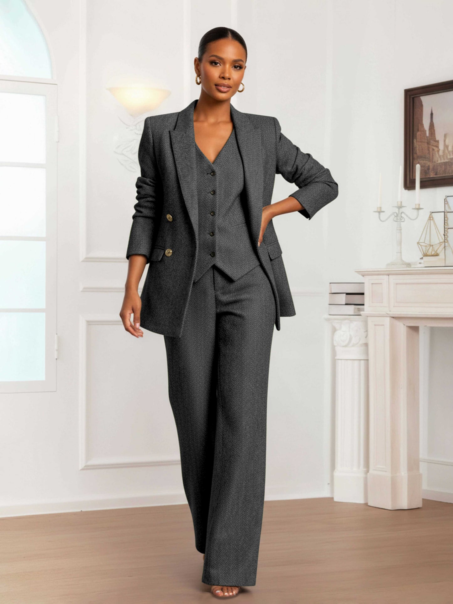 Modern Women's 3 Pieces Herringbone Semi Formal Suit