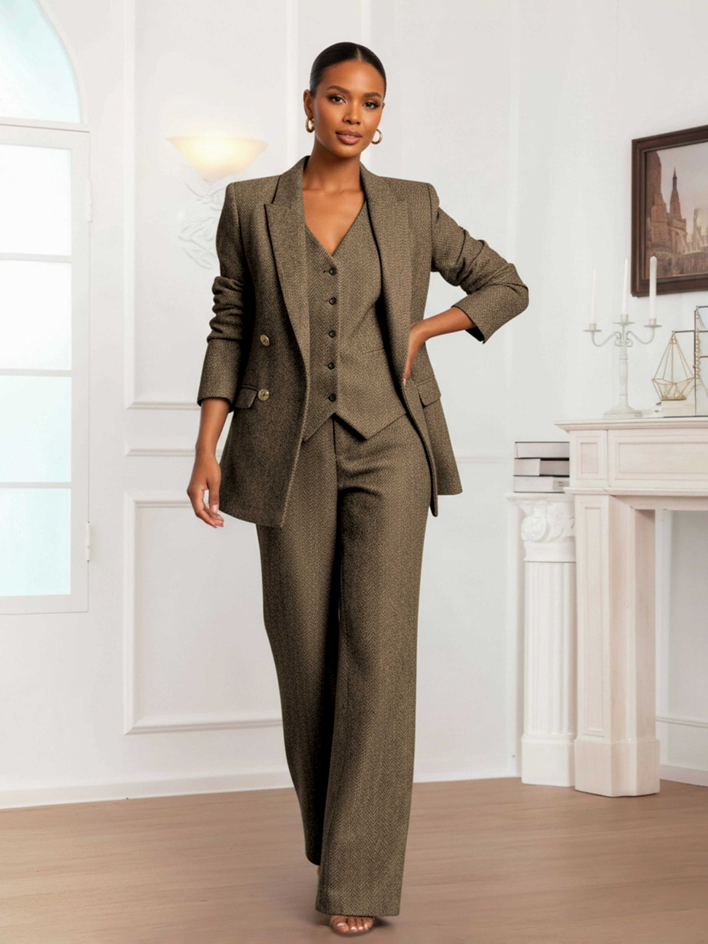Modern Women's 3 Pieces Herringbone Semi Formal Suit
