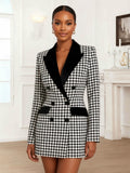 Modern Women's Houndstooth Peak Lapel Double Breasted Formal Blazer
