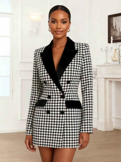 Modern Women's Houndstooth Peak Lapel Double Breasted Formal Blazer